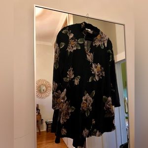 Long sleeve, knee length, dark green floral dress